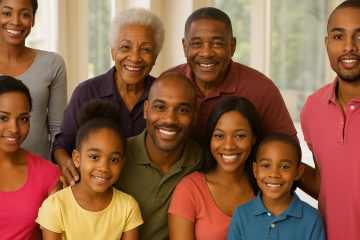 African American family smiling together in their living room created by Sunscope Entertainment